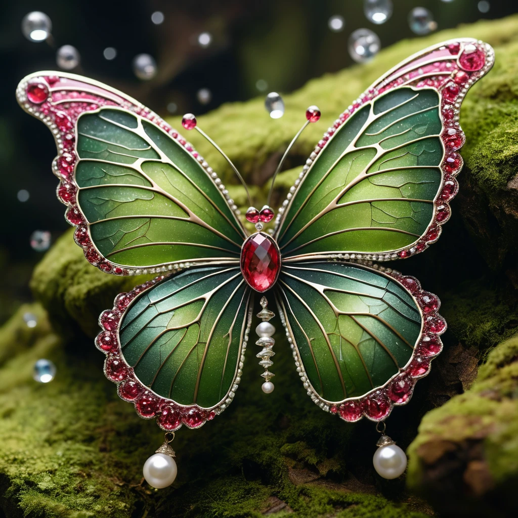 Flor de mariposa de cristal brillando en un acantilado montañoso cubierto de musgo