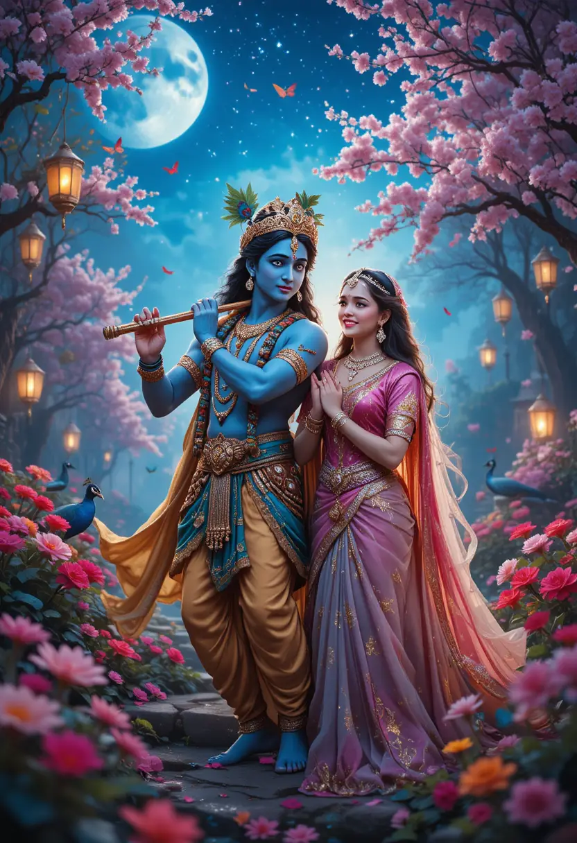 Göttliches Paar in einem mondbeschienenen, verwunschenen Garten von Vrindavan