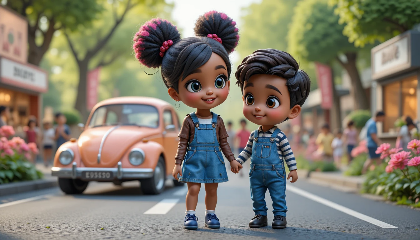 Chibi-Mädchen im Overall neben einem Retro-Käfer