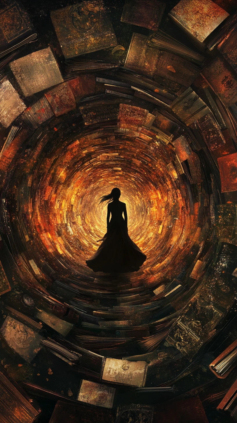 Galassia a spirale di libri antichi che vorticano attorno a una donna nascosta