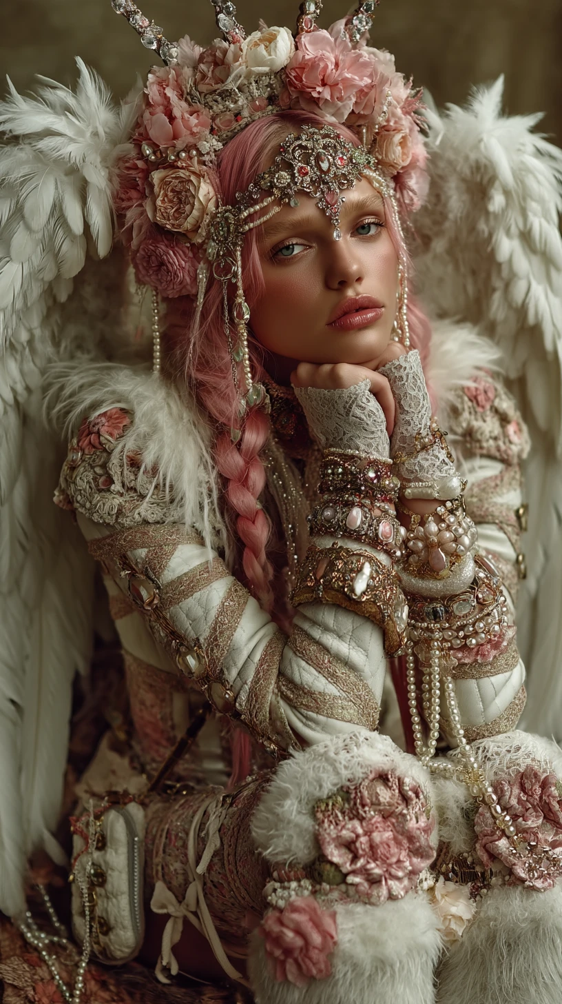 Mujer fantástica con alas en elaborado traje floral