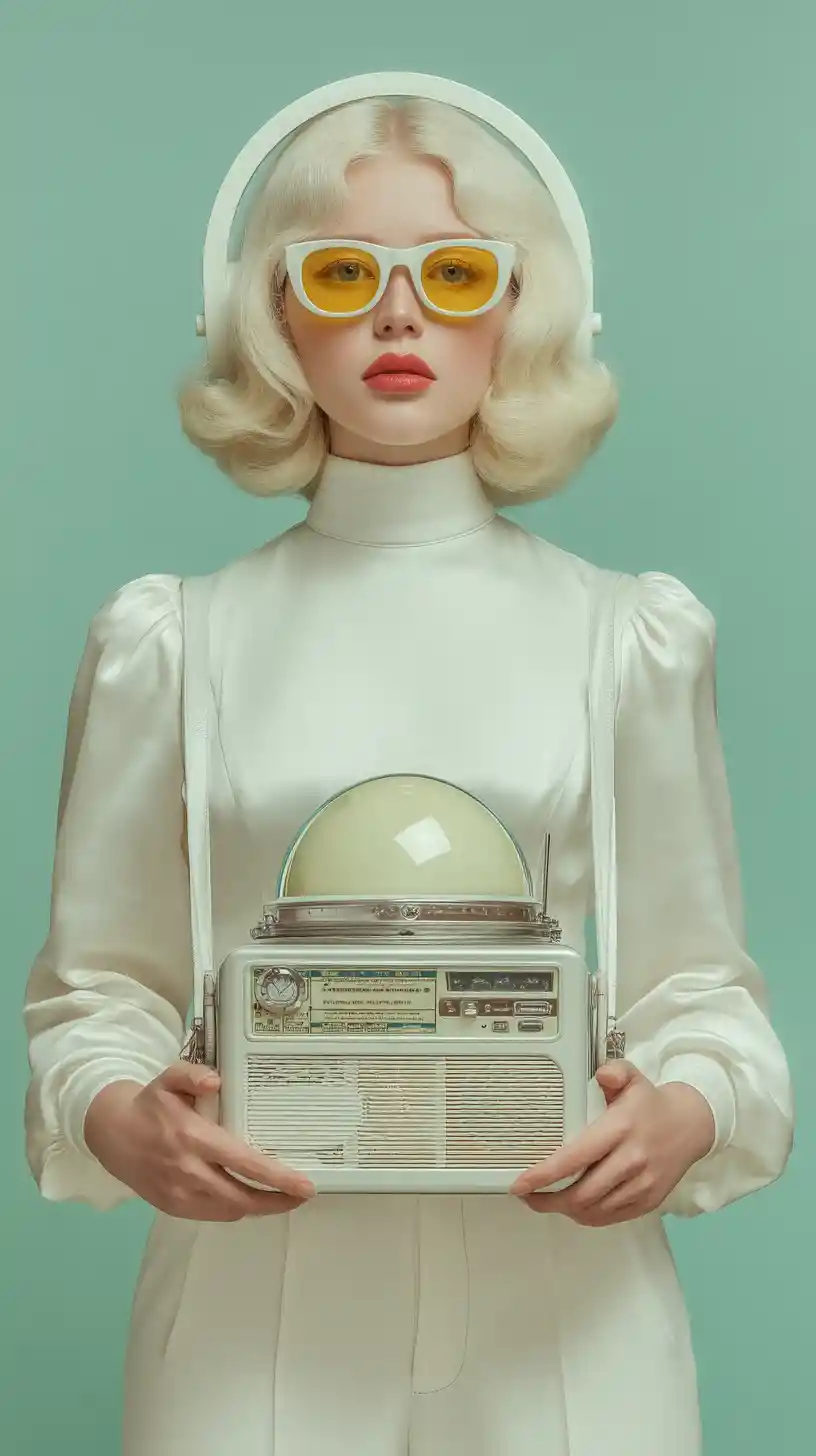 Retro futuristic woman with radio and astronaut helmet