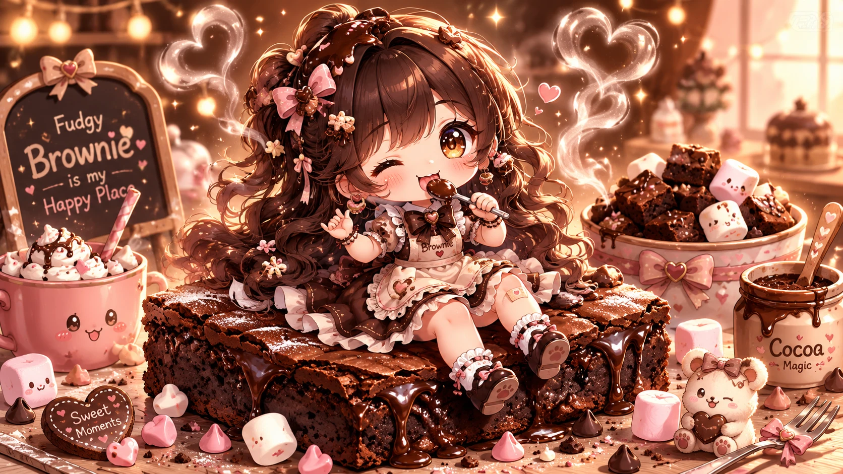 Fofa garota de anime chibi sentada em um brownie gigante de chocolate