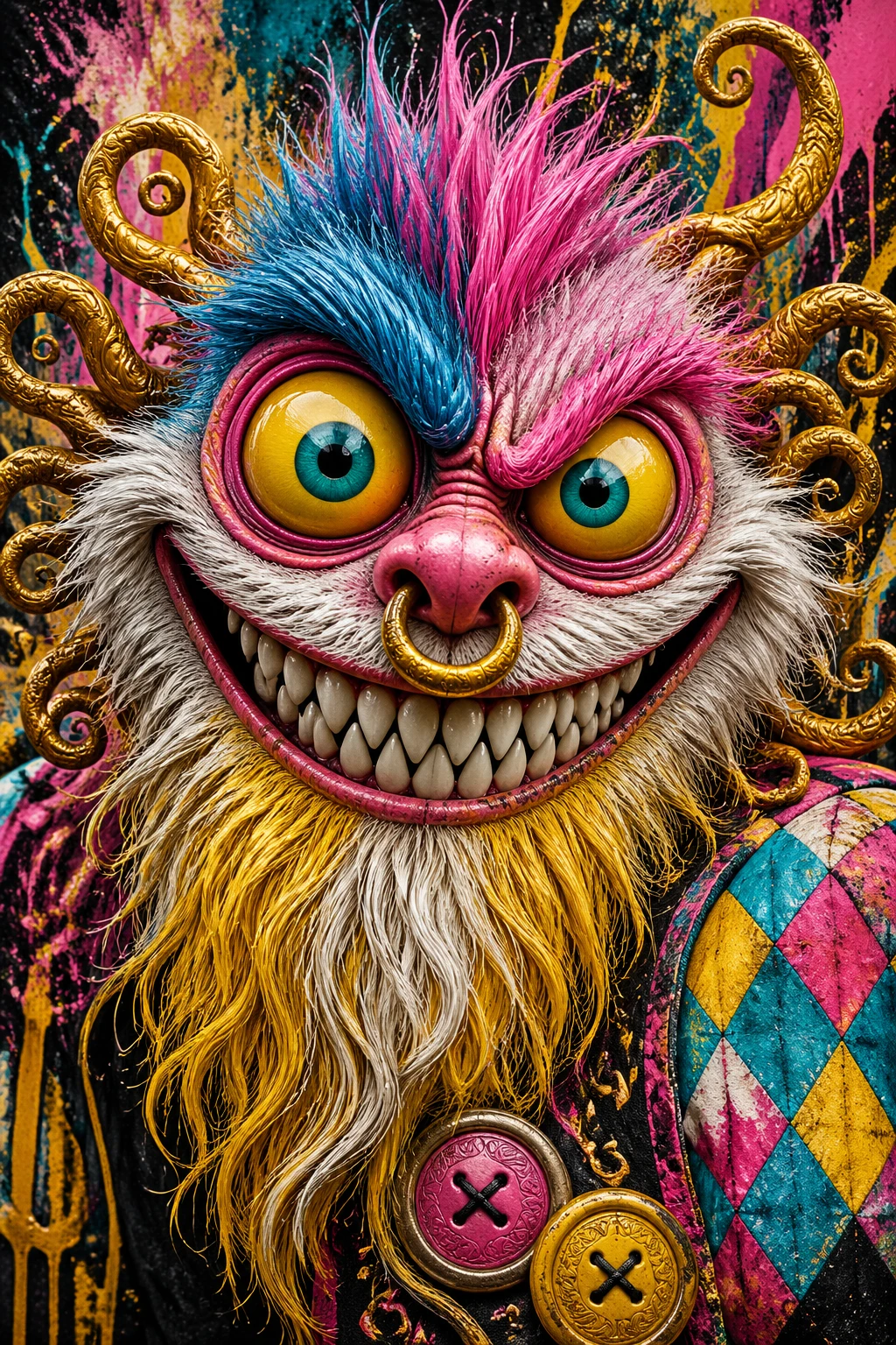 Retrato colorido em close de um monstro de fantasia sorridente