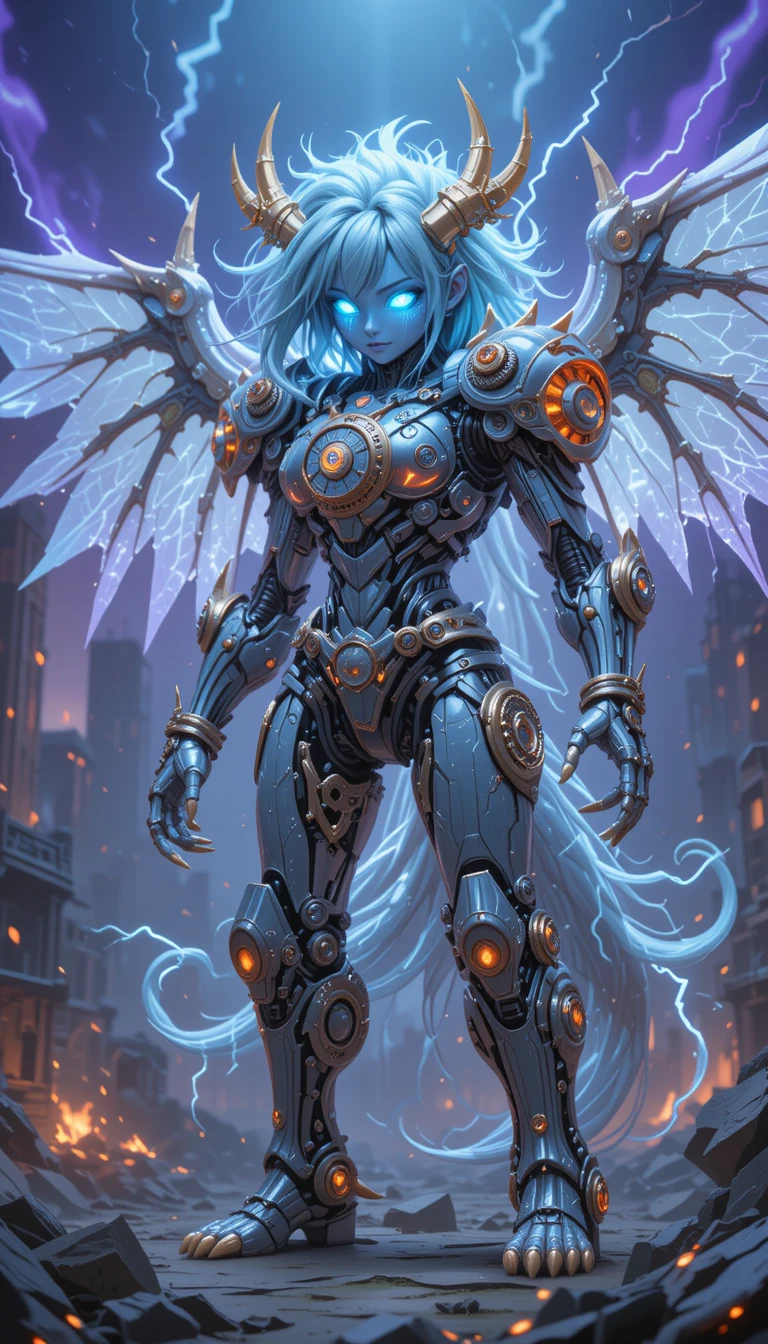 Rainha guerreira biomecânica chibi em armadura de engrenagens luminosa