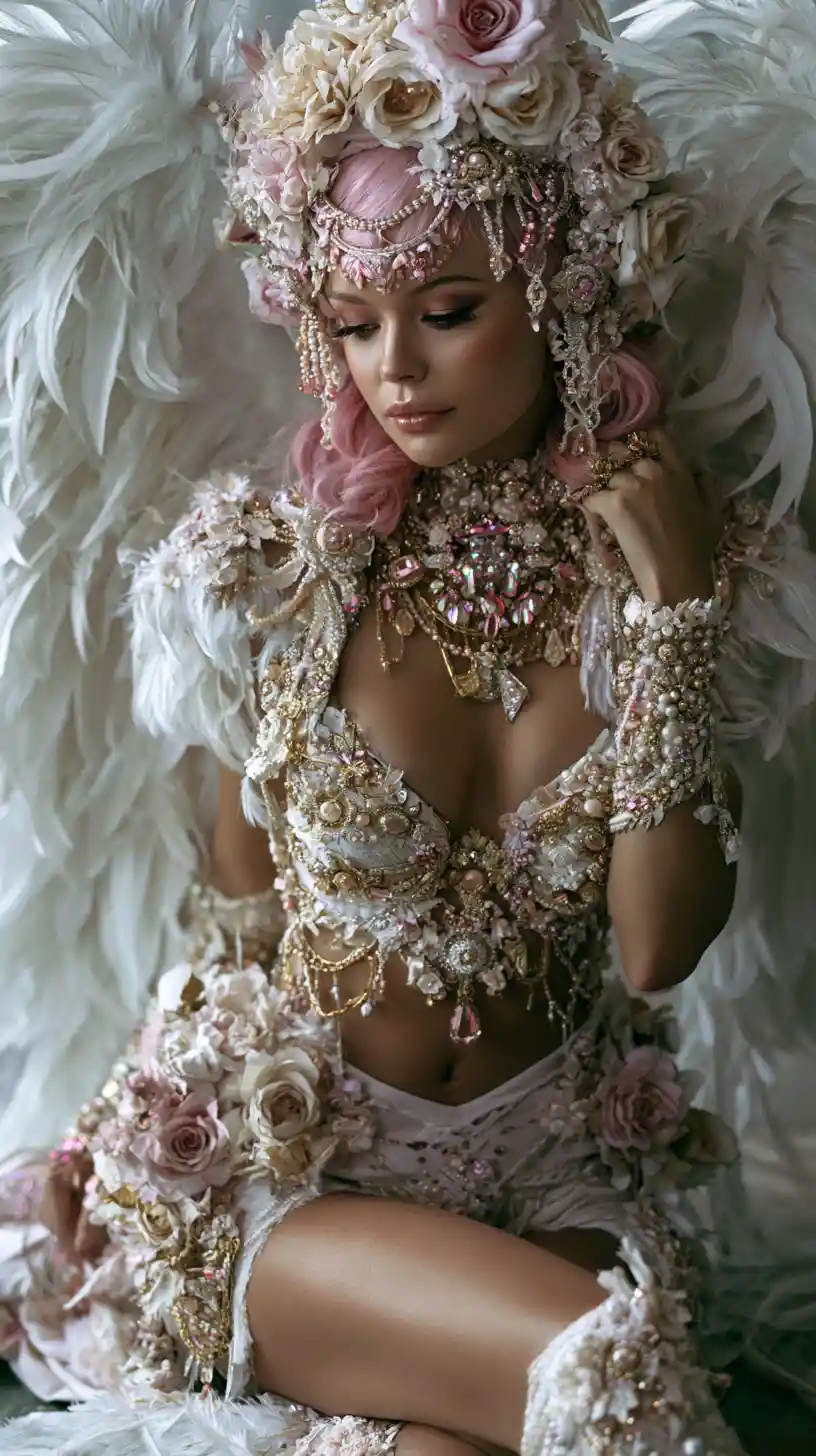 Fantasy woman in feathered wings and floral fashion