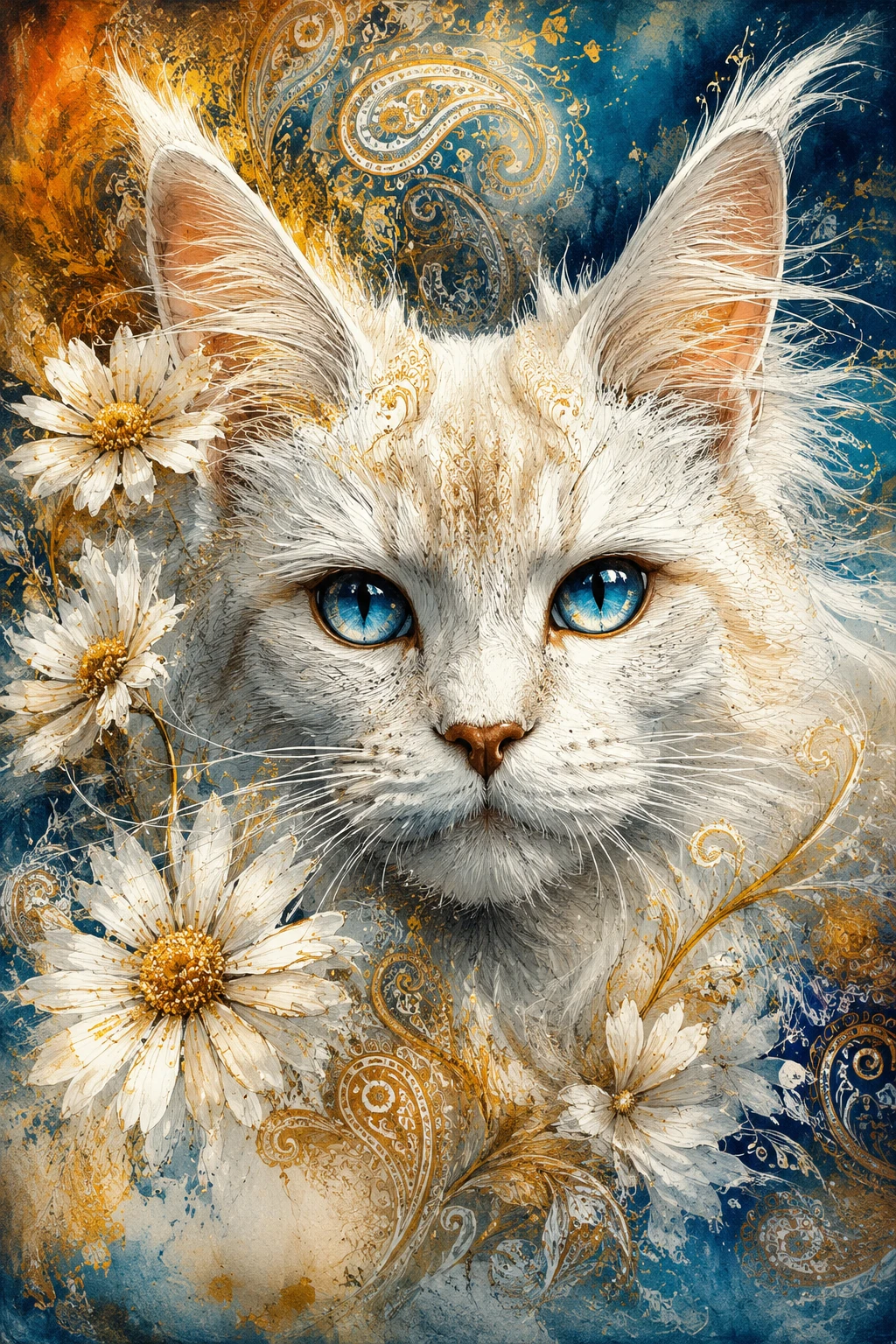 White maine coon cat face with blue eyes and gold accents