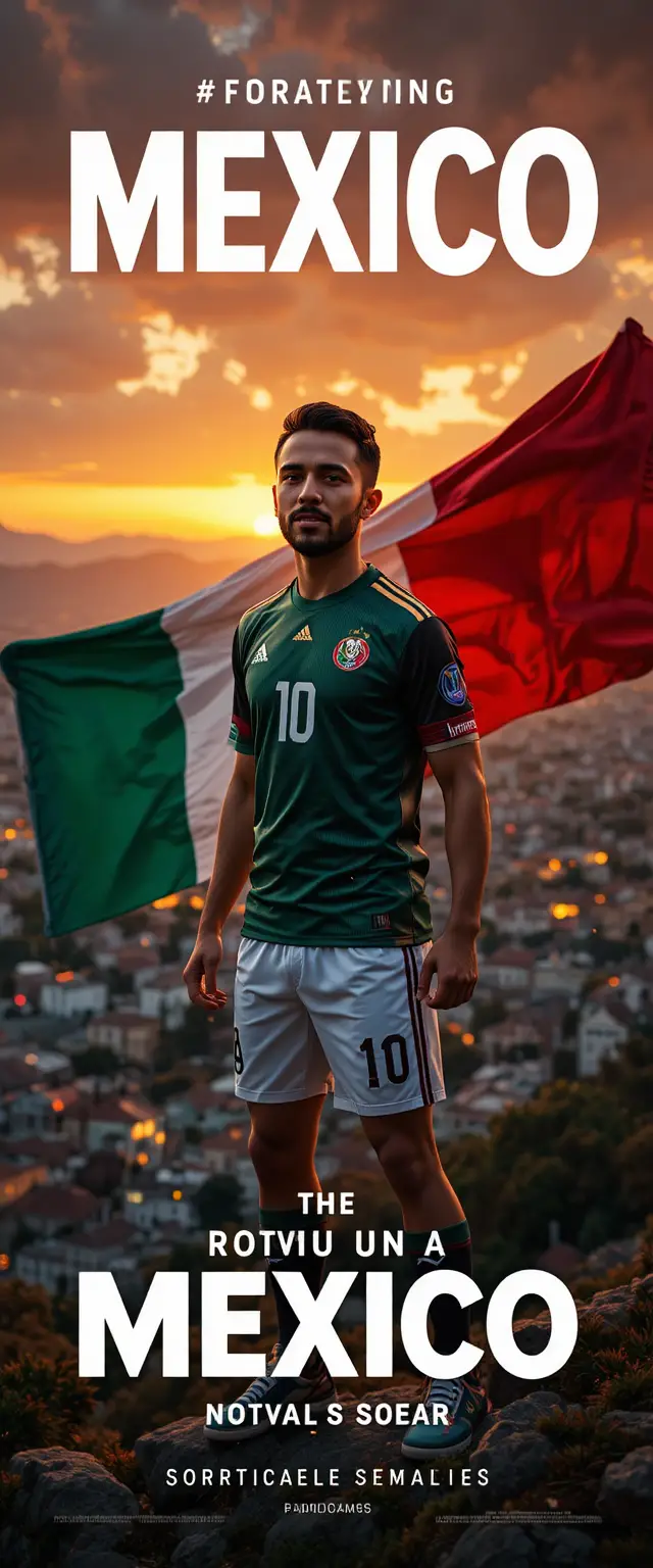 都市と国旗を背に堂々と立つメキシコのサッカーファン