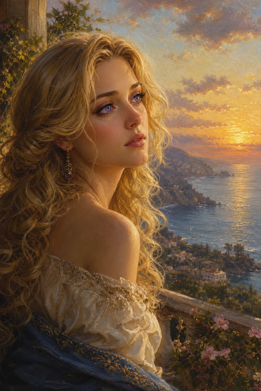 Ragazza dai lunghi capelli dallo sguardo malinconico nella morbida luce dorata sul mare