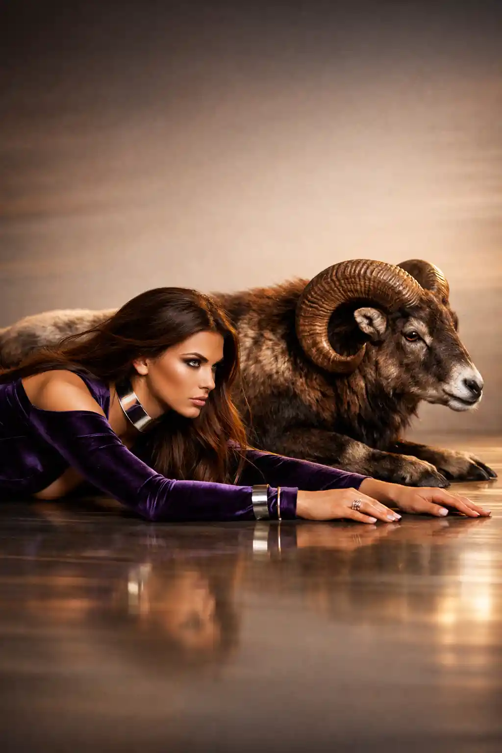 Fashion woman and ram in mirrored studio composition