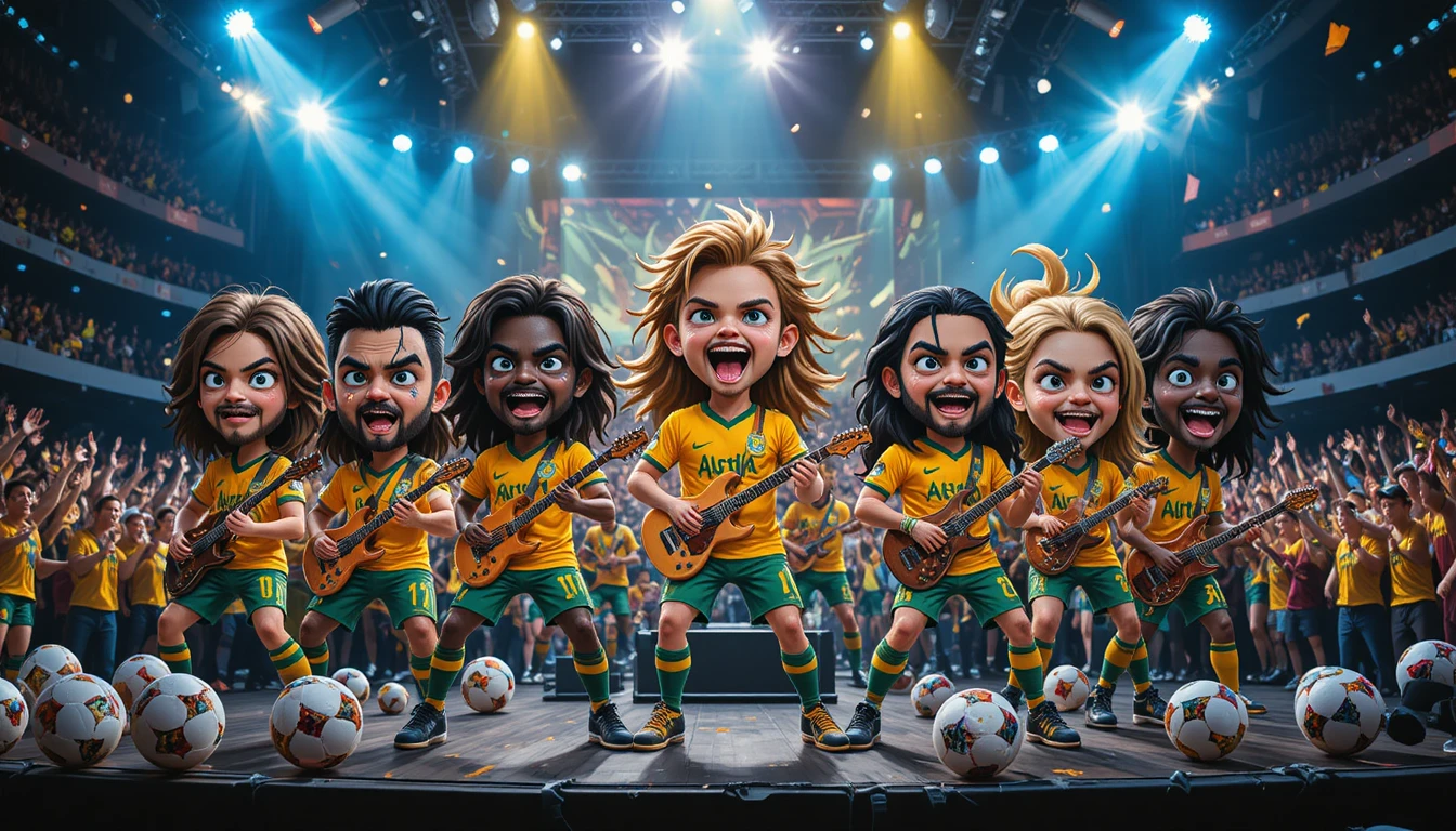 Chibi-Fußball-Rockband feiert auf einer tosenden Bühne