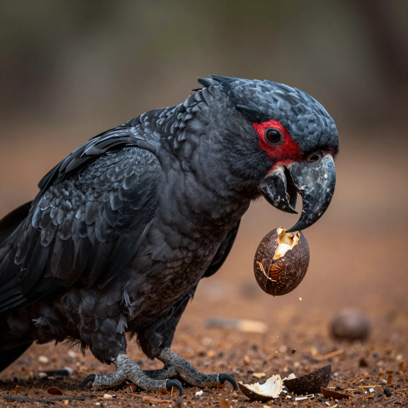 Cacatúa palmada rompiendo una nuez silvestre bajo una luz dramática