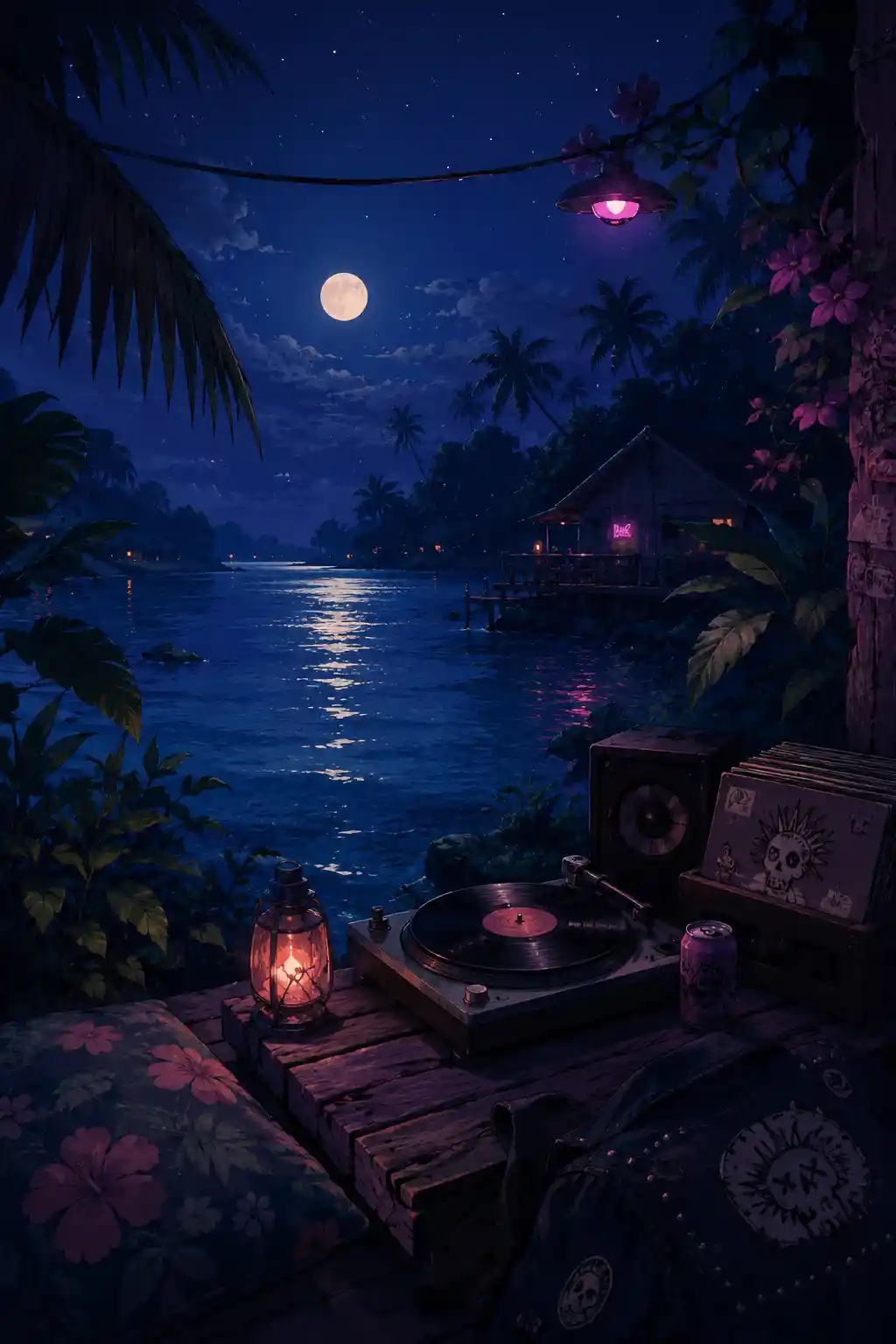 Midnight lagoon scene with soft relaxing lofi vibe