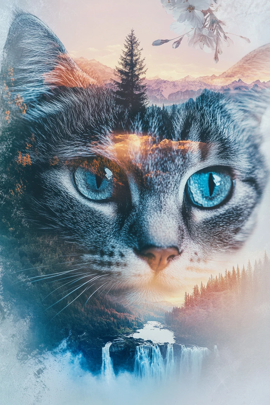 Retrato em dupla exposição de um gato com paisagem montanhosa