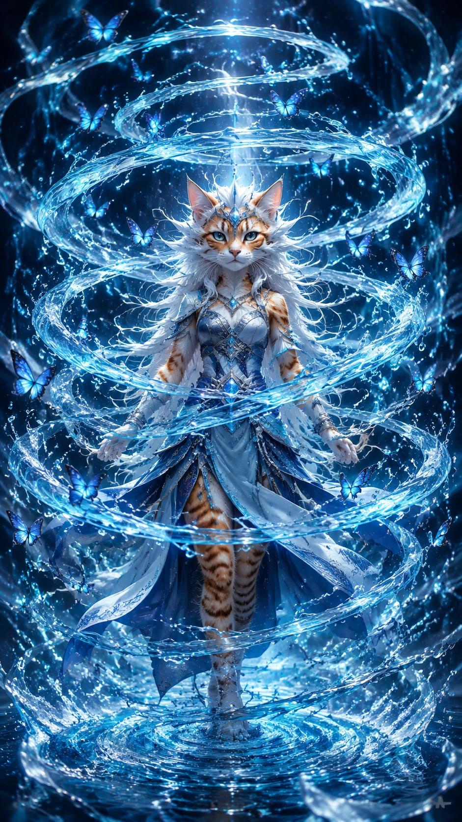 Glowing blue butterflies around a magical tabby cat warrior