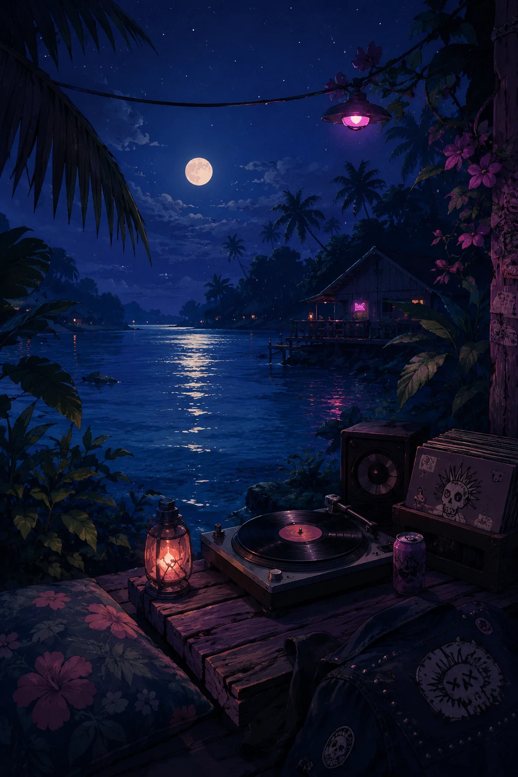 Midnight lagoon scene with soft relaxing lofi vibe