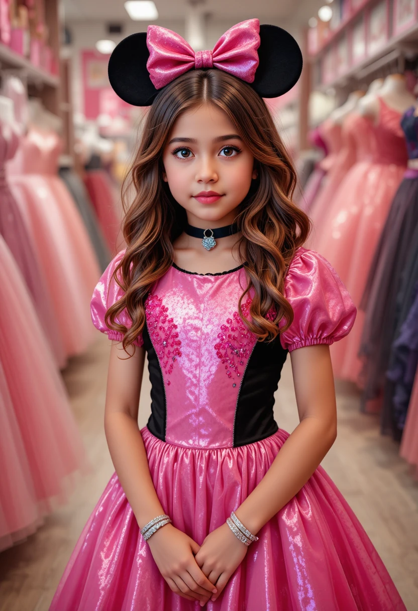 Menina com vestido rosa da Minnie em loja da Disney