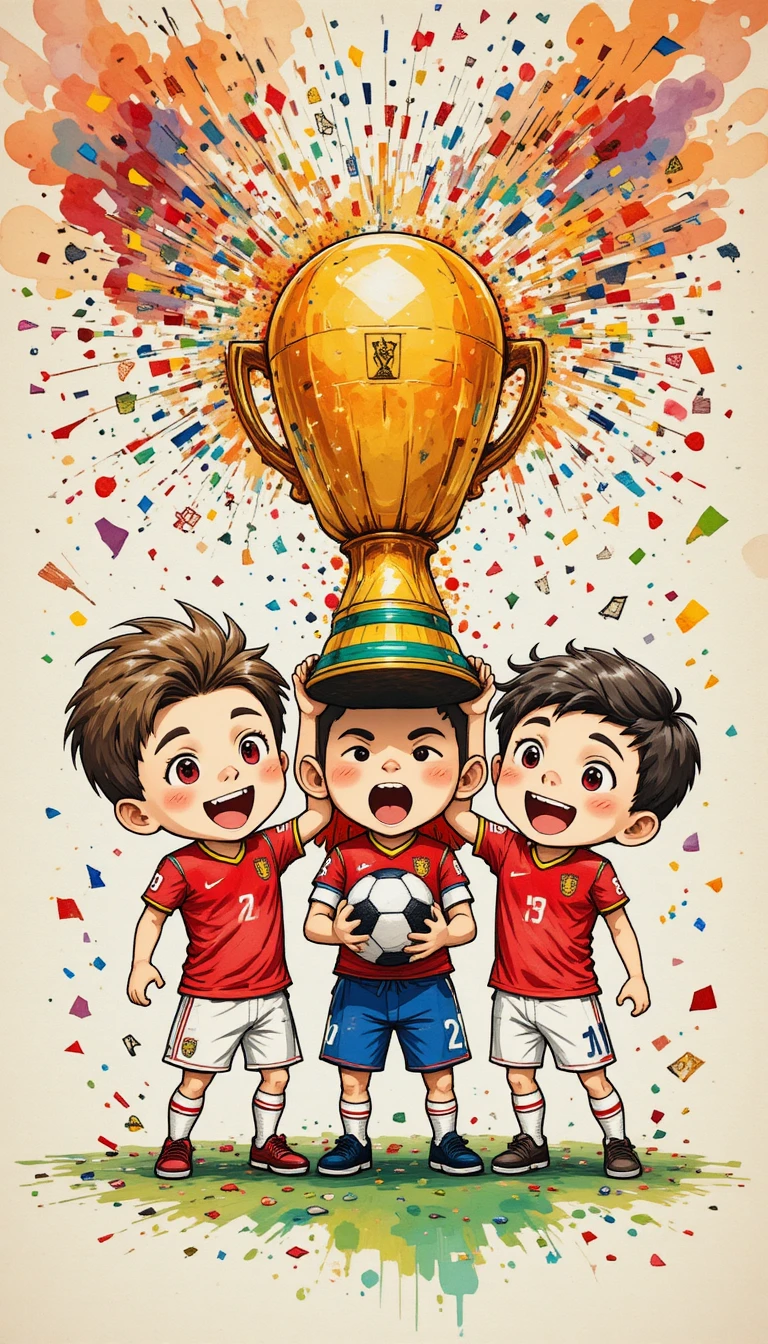 Jugadores chibi de la selección de España celebrando con un trofeo gigante