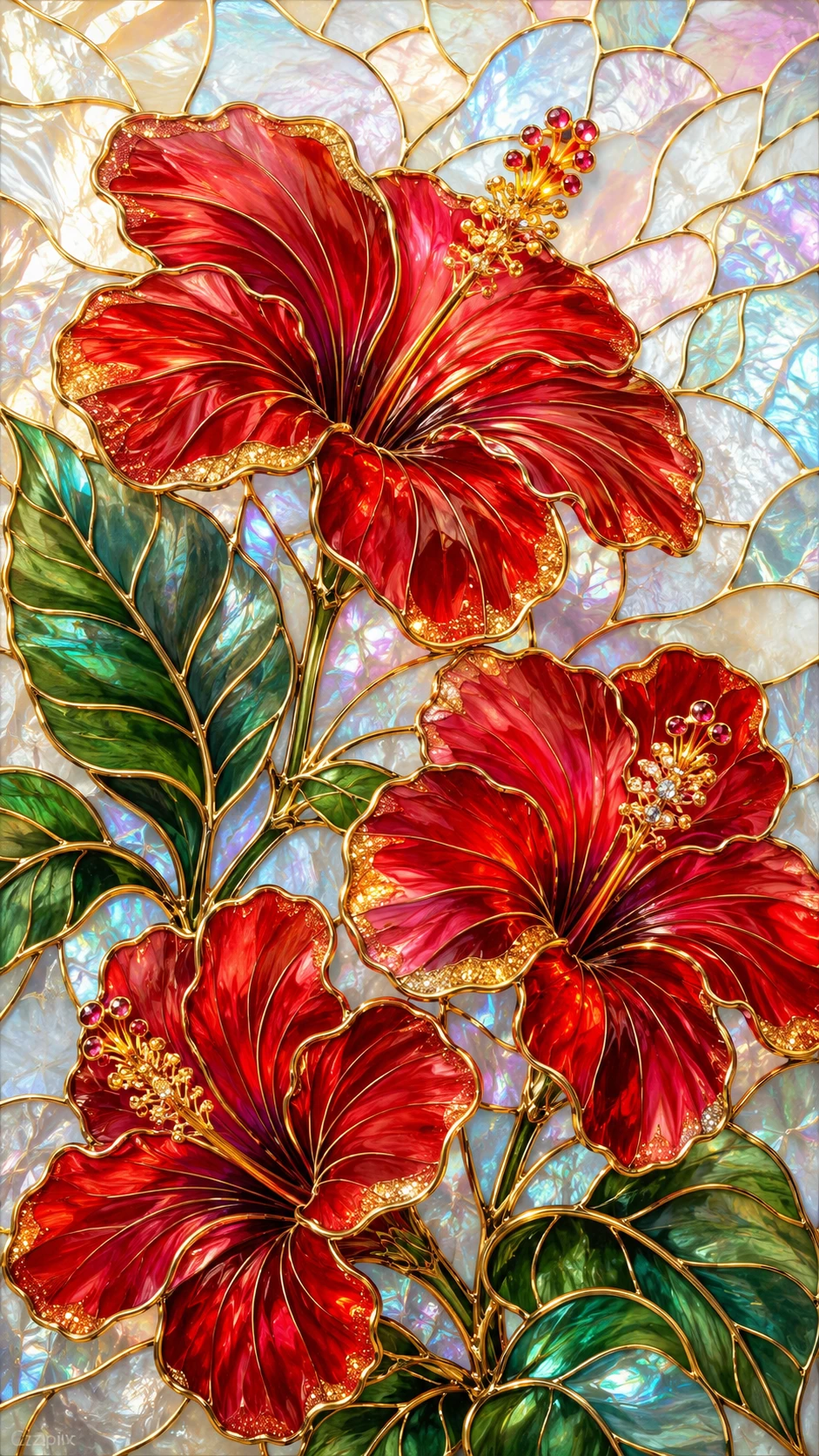 Tropical stained glass flowers with glowing petals
