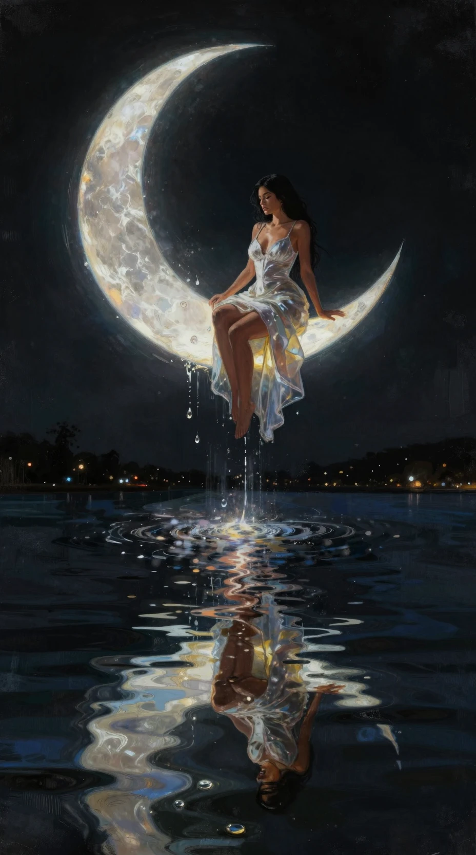 Romantic woman on crescent moon above a tranquil lake