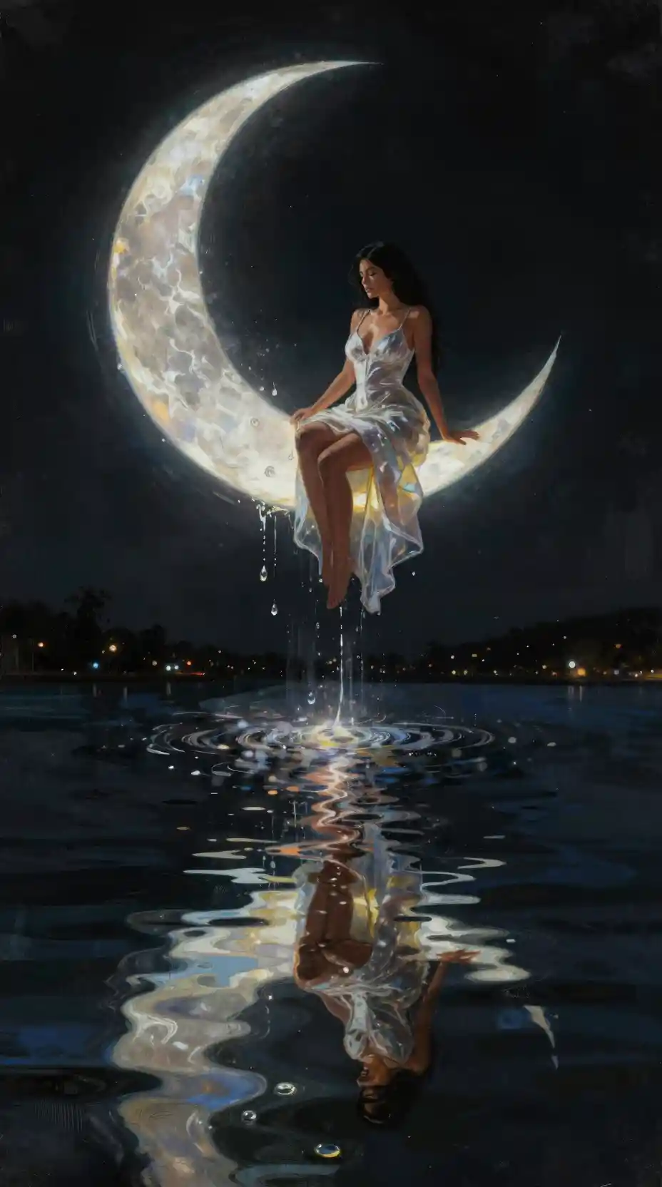 Romantic woman on crescent moon above a tranquil lake