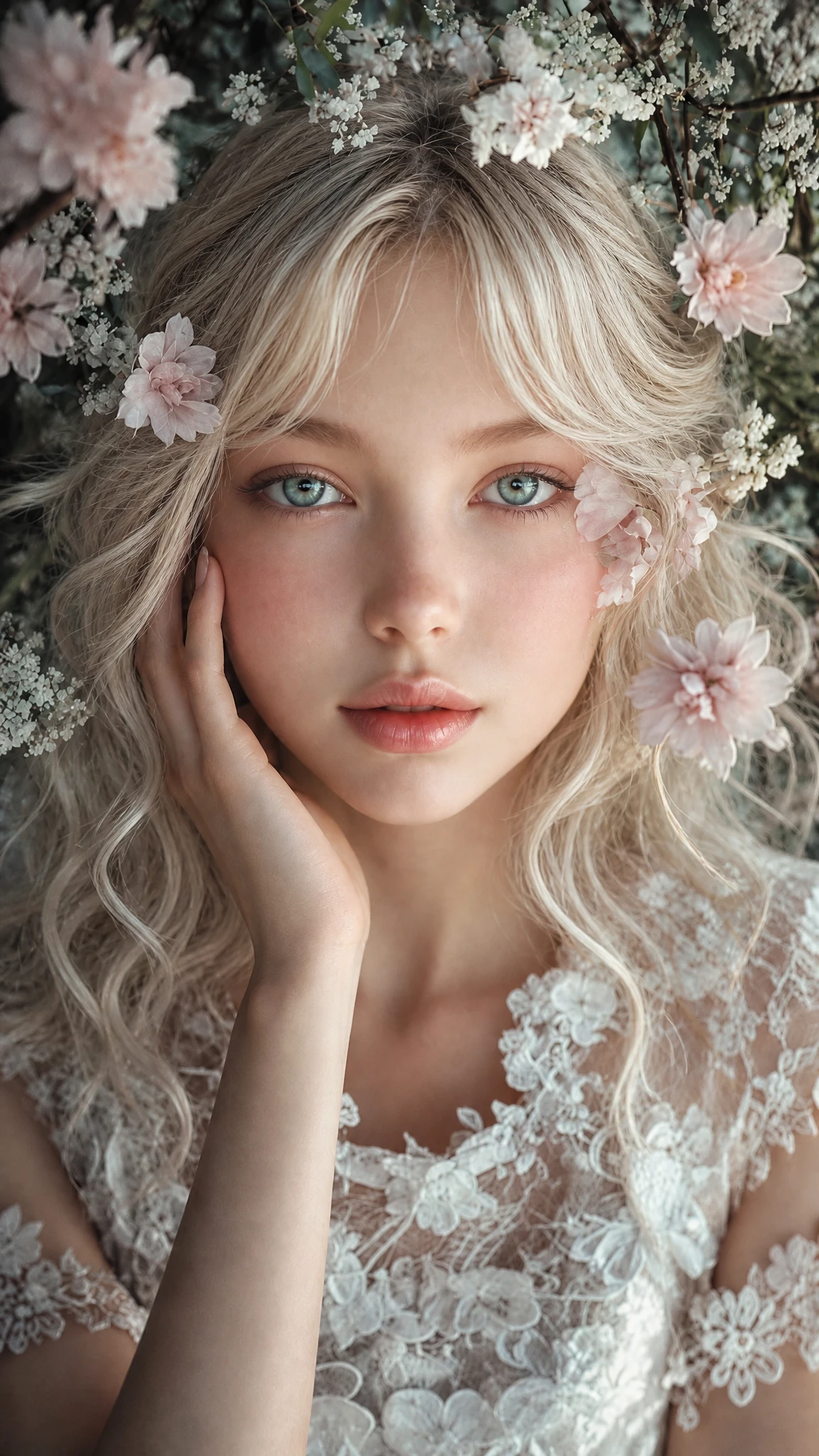 波浪狀白金色長髮美少女的夢幻人像