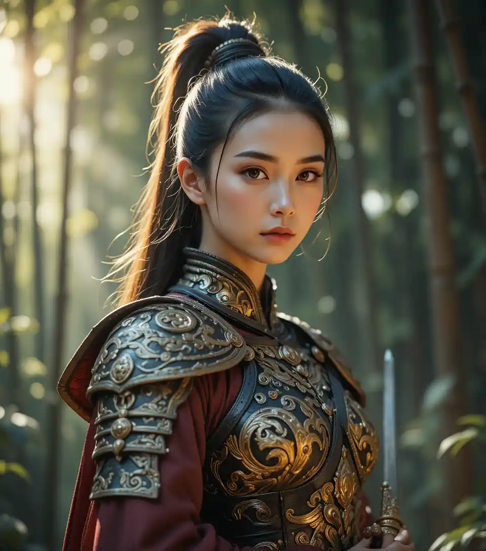 Asian warrior woman in armor in a bamboo forest