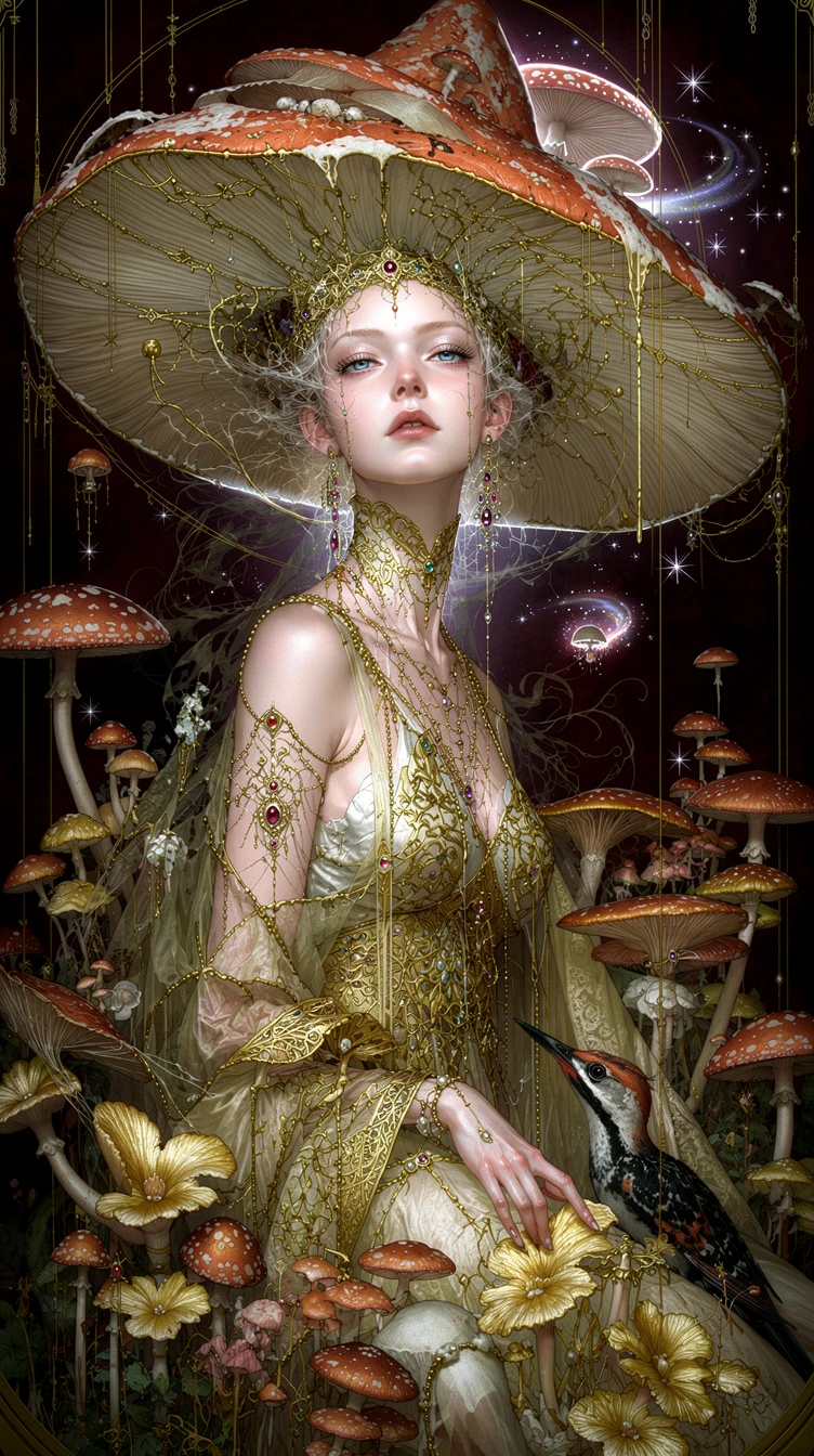 Retrato Surreal de Rainha dos Cogumelos em Estilo Ilustração de Fantasia