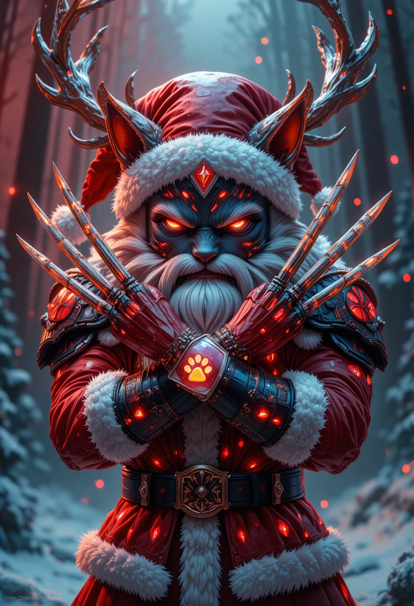 Nahaufnahme eines Fantasy-Kater-Santas mit gekreuzten Runenkrallen