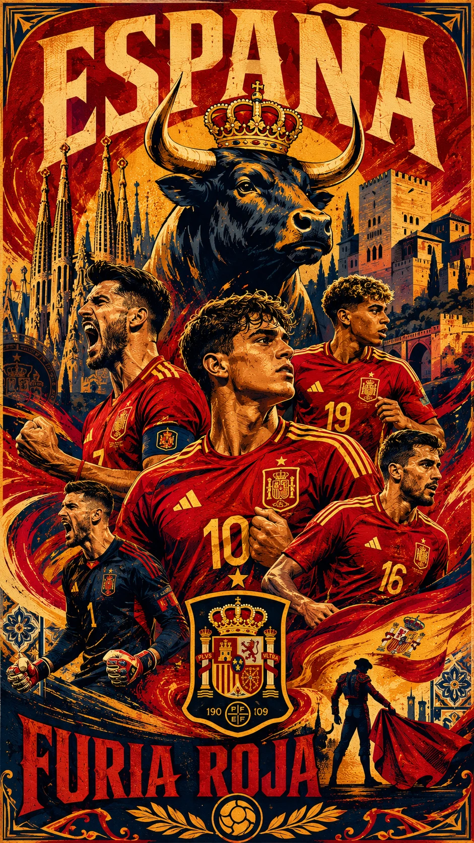 Pôster retrô de futebol espanhol com touro imponente e pontos turísticos