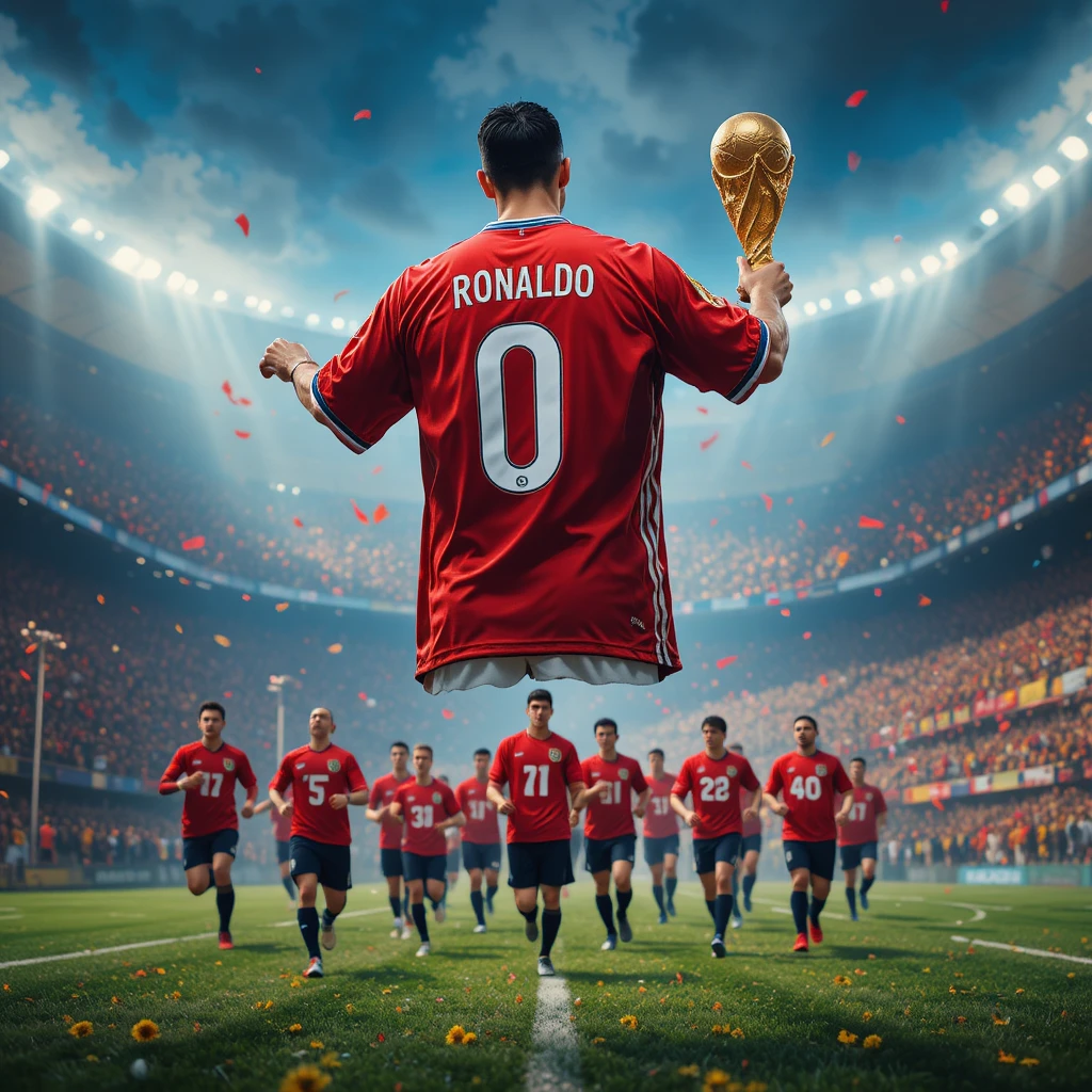 Maglia da calcio fluttuante inseguita da tifosi in maglia che fanno il tifo