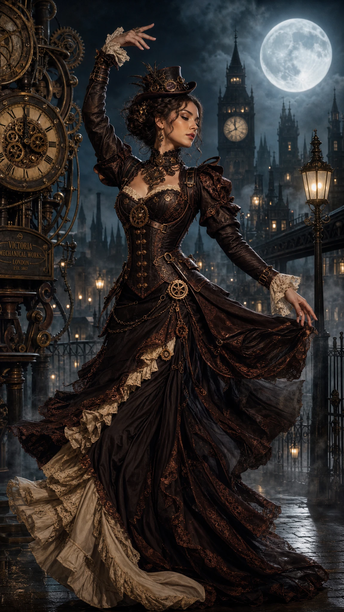 Ballerina steampunk in posa in una nebbiosa notte di città vittoriana