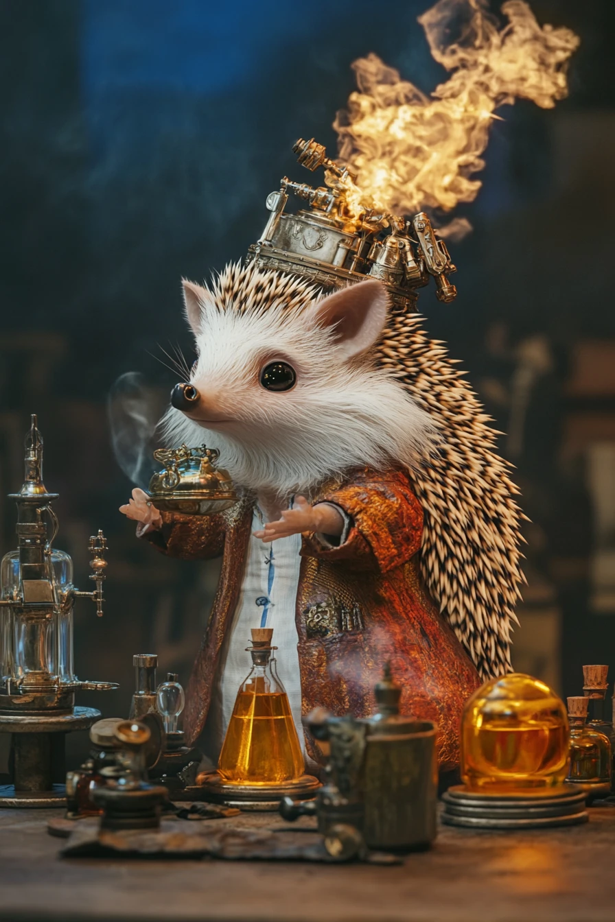 Adorável ouriço-alquimista em uma cena de ilustração de fantasia