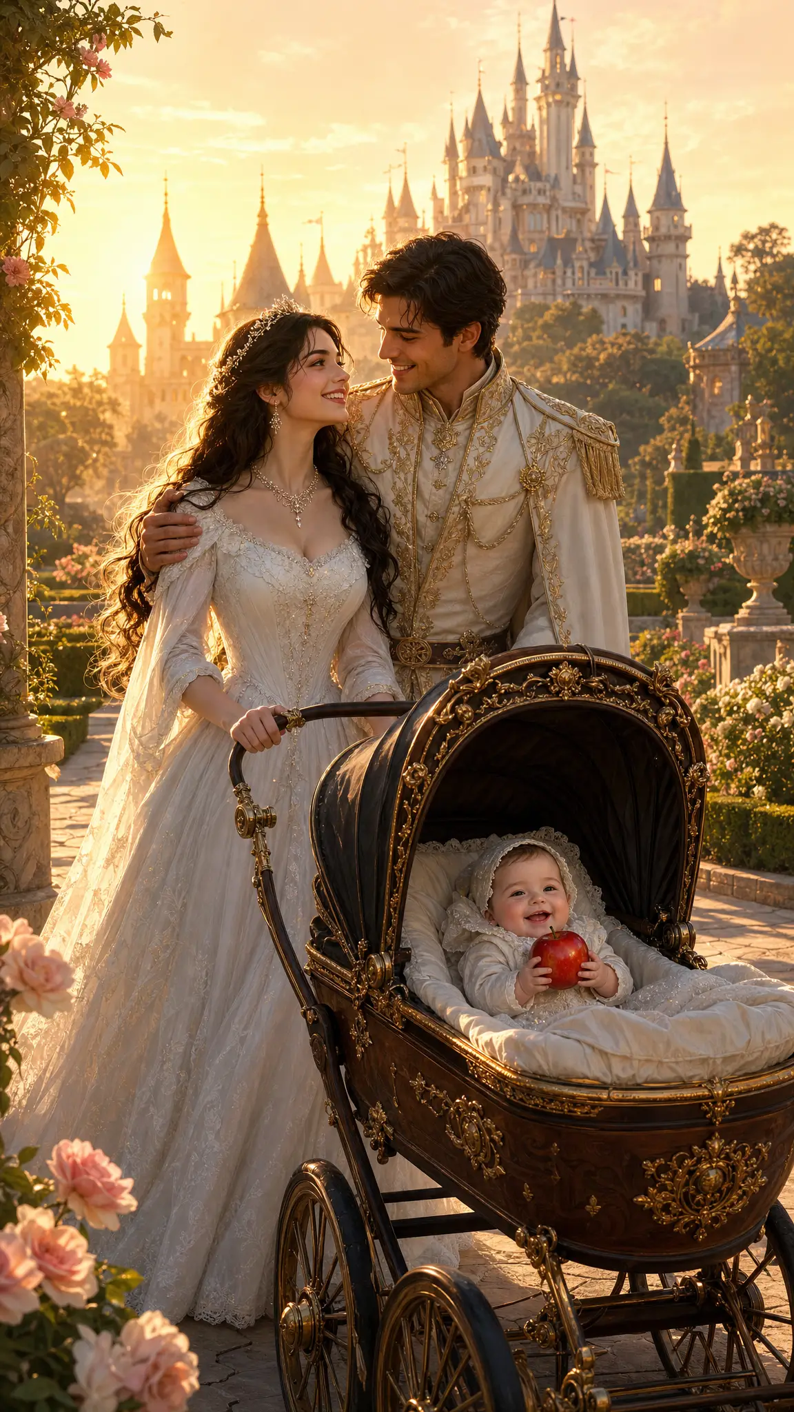 Prinzessin und Prinz spazieren mit einem Baby im Schlossgarten
