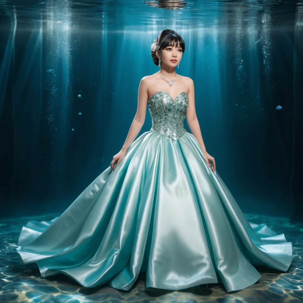 Jeune fille élégante en robe de satin brillante sous l’eau en vue plein pied