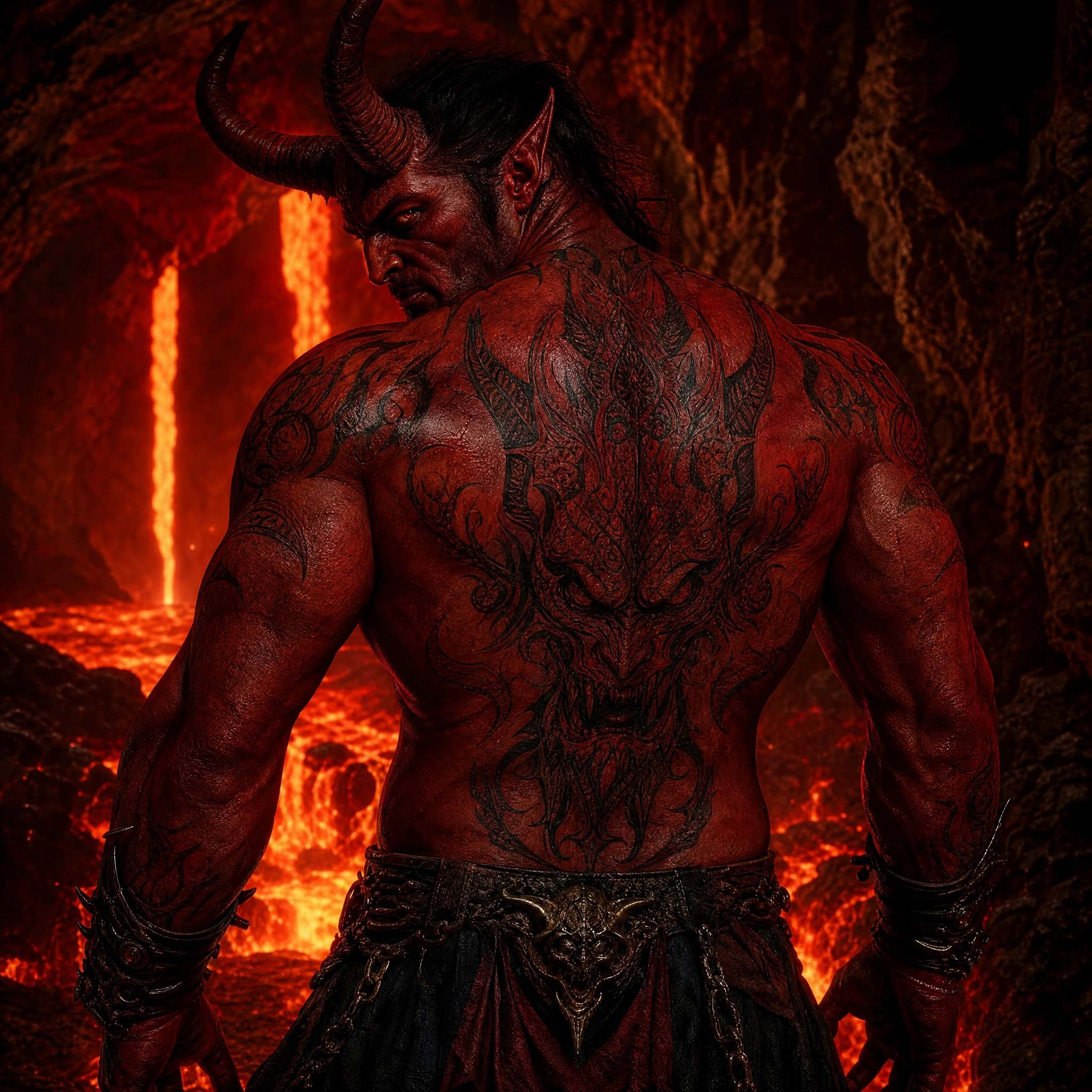 Figura demoníaca em caverna de lava com tatuagem brilhante nas costas