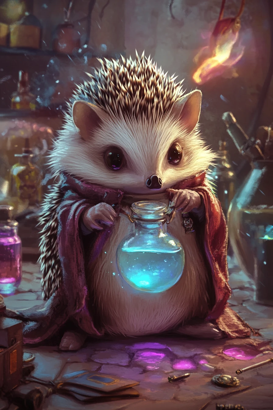 Ouriço-alquimista fofo em uma ilustração de fantasia lúdica