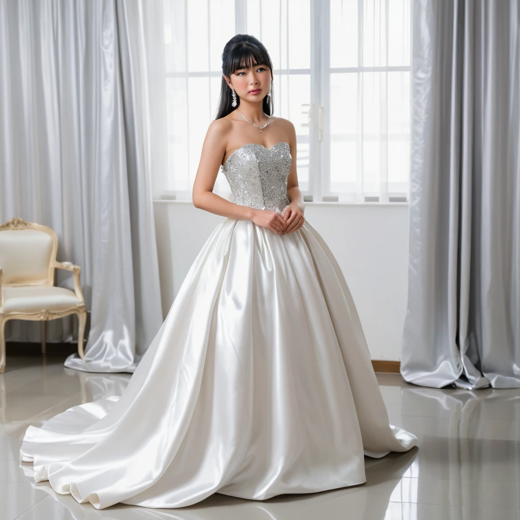 Garota japonesa elegante em vestido de baile tomara que caia de cetim branco