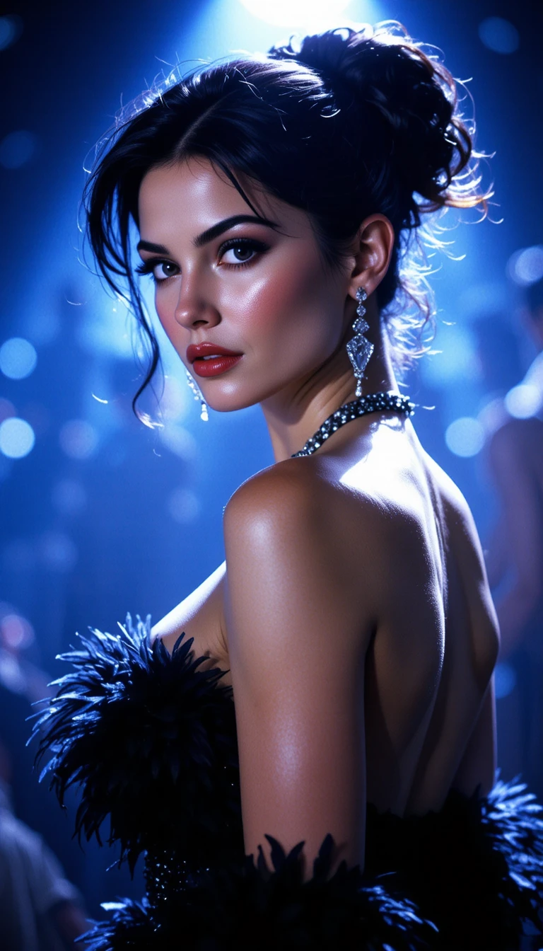 Retrato cinematográfico glamoroso de uma mulher em fantasia com plumas