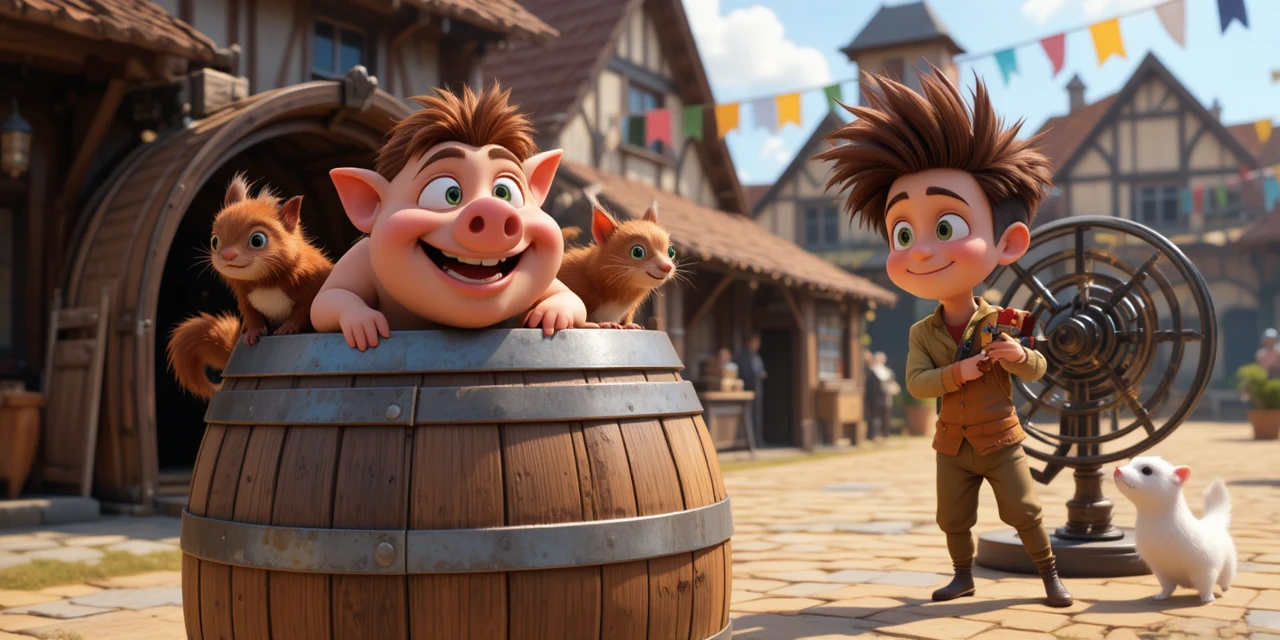 Verspielte 3D‑Szene auf einem mittelalterlichen Fantasy‑Dorffest