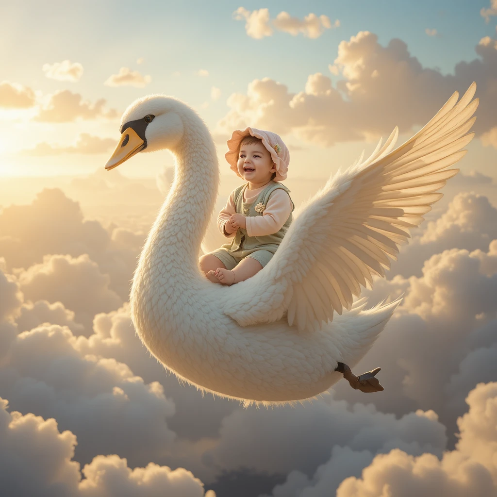 Bébé joyeux chevauchant un cygne majestueux au‑dessus de nuages pastel