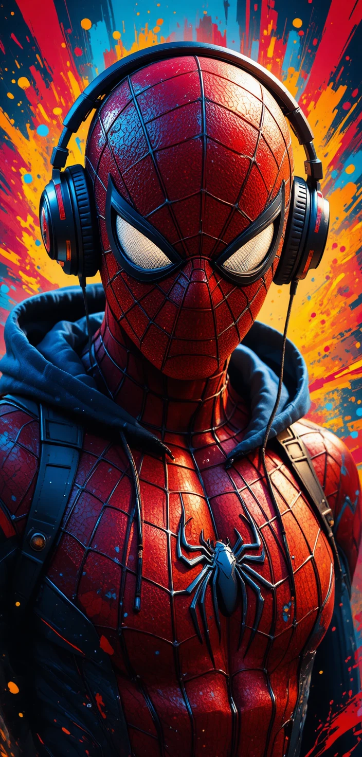 Retrato em close de super-herói com fones de ouvido e grafite colorido