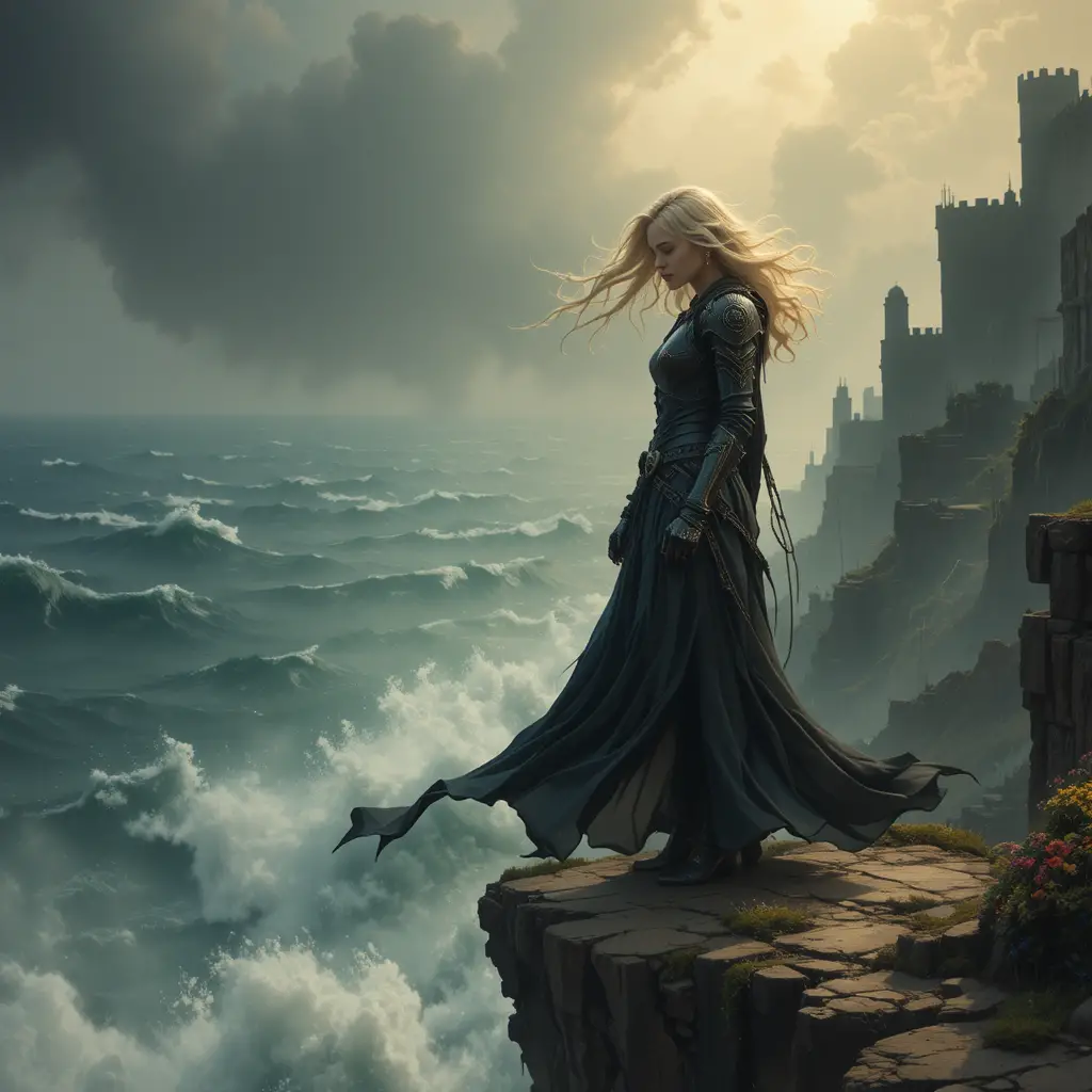 Blonde Kriegerin auf einer Klippe über einem stürmischen Meer