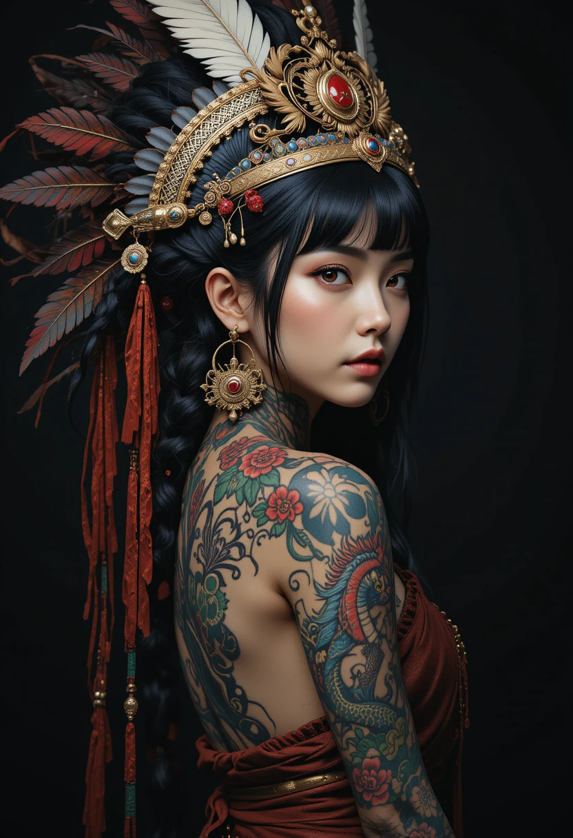 Chamane tatouée avec plumes et tatouage de dragon