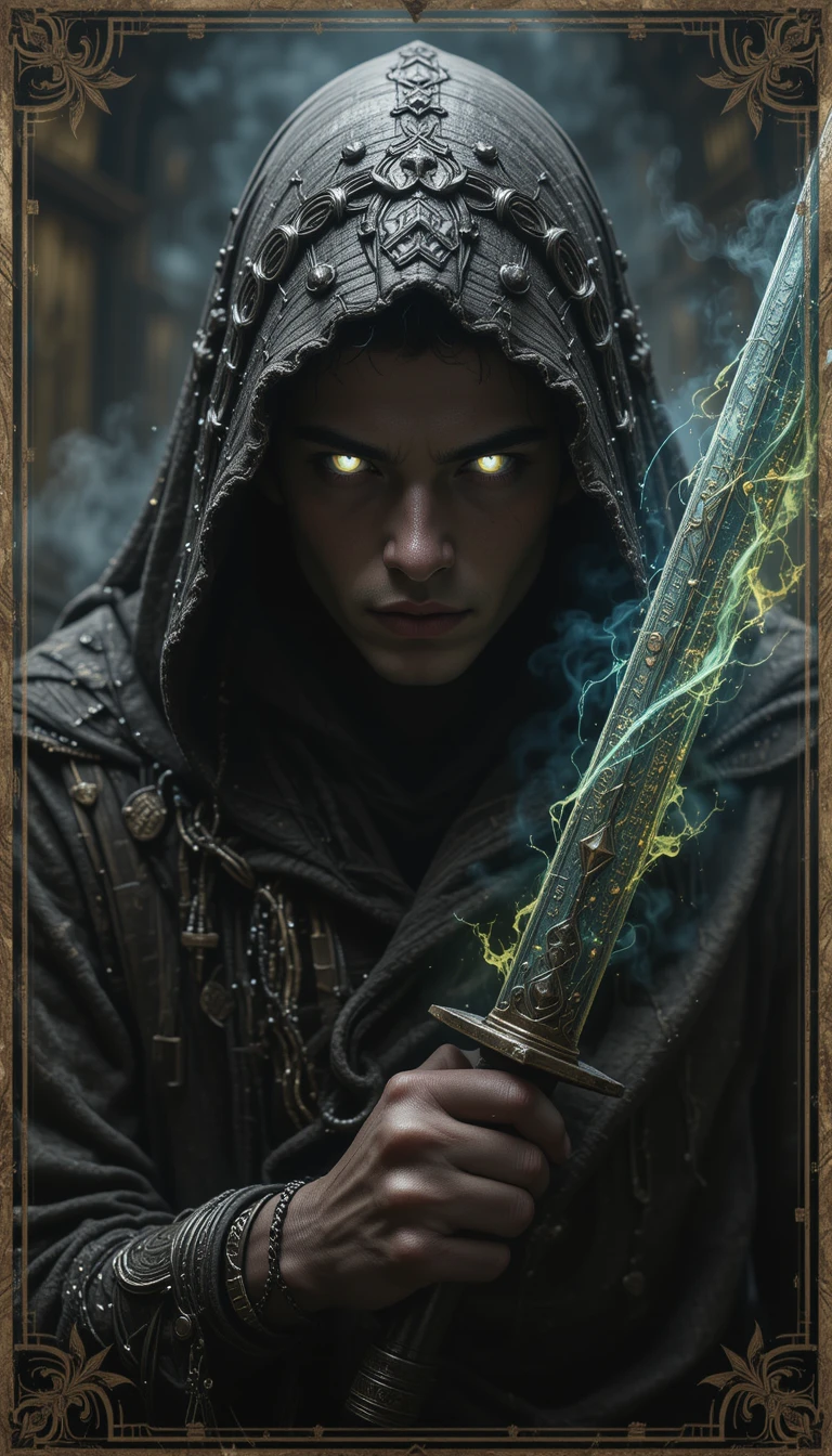 Homme mystérieux en robe, aux yeux lumineux et à l’épée magique