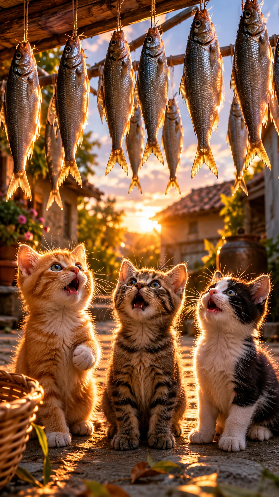 Três gatinhos olhando para peixes prateados pendurados