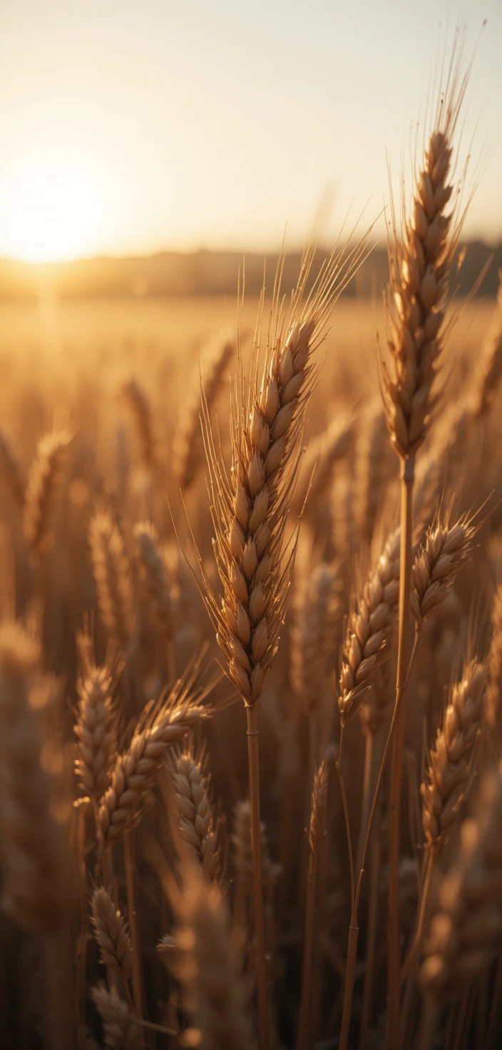 Primo piano di grano maturo che brilla nella calda luce del tramonto