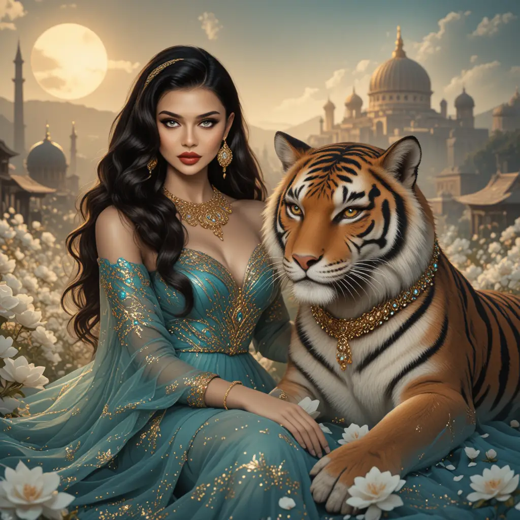 Gelassene Frau im türkisfarbenen Kleid ruht neben majestätischem Tiger