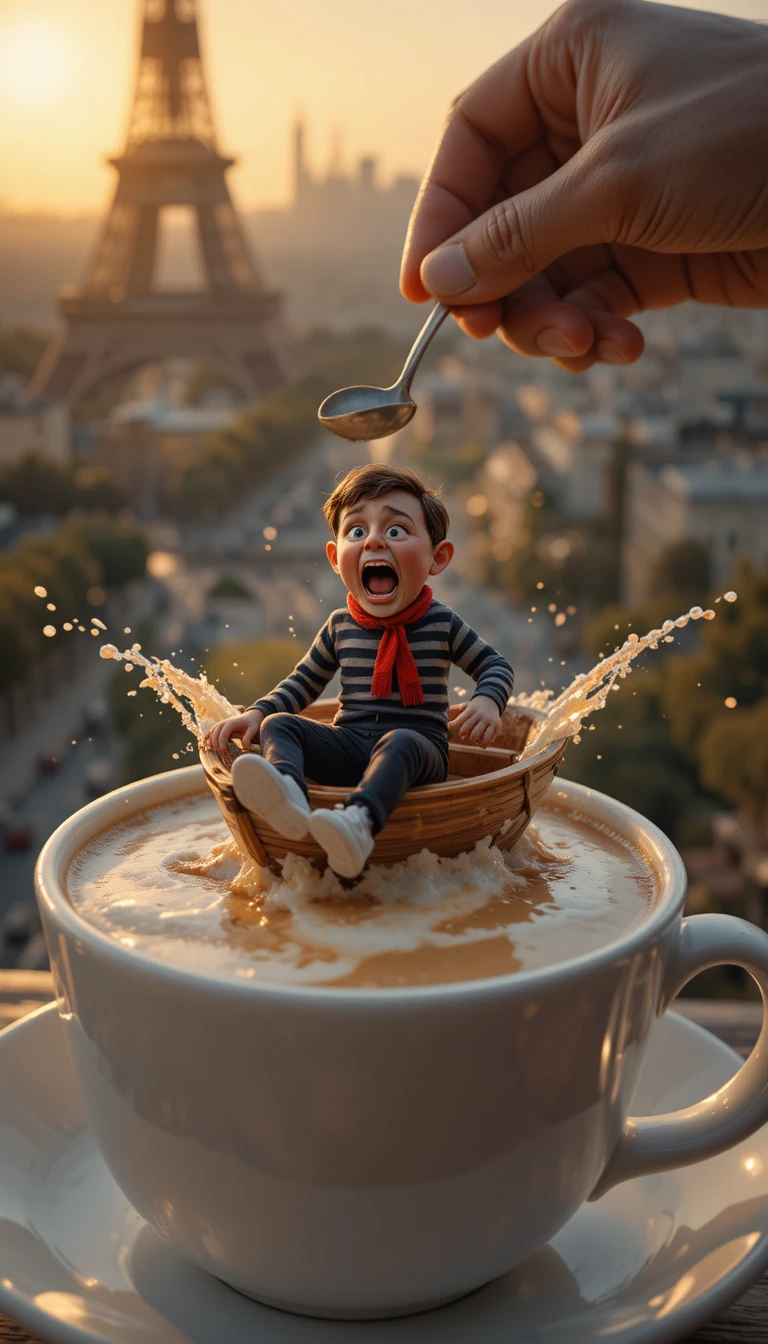 Tiny man in a coffee cup boat at sunset in Paris