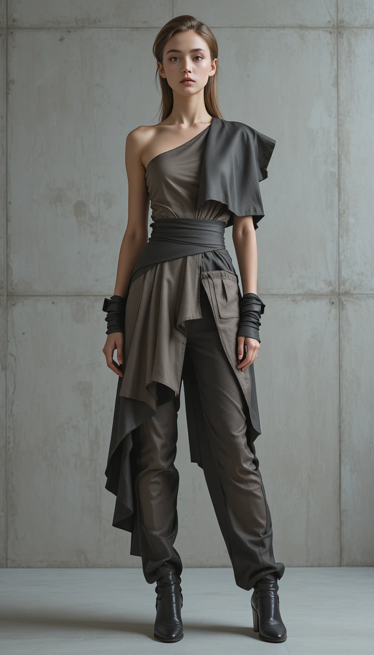 Modella di moda d’avanguardia in ritratto di studio minimalista